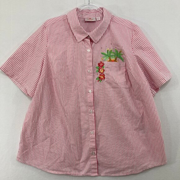 Quacker Factory Top sz 1X Pink White Striped Embroidered Short Sleeve Button Up - Picture 1 of 9